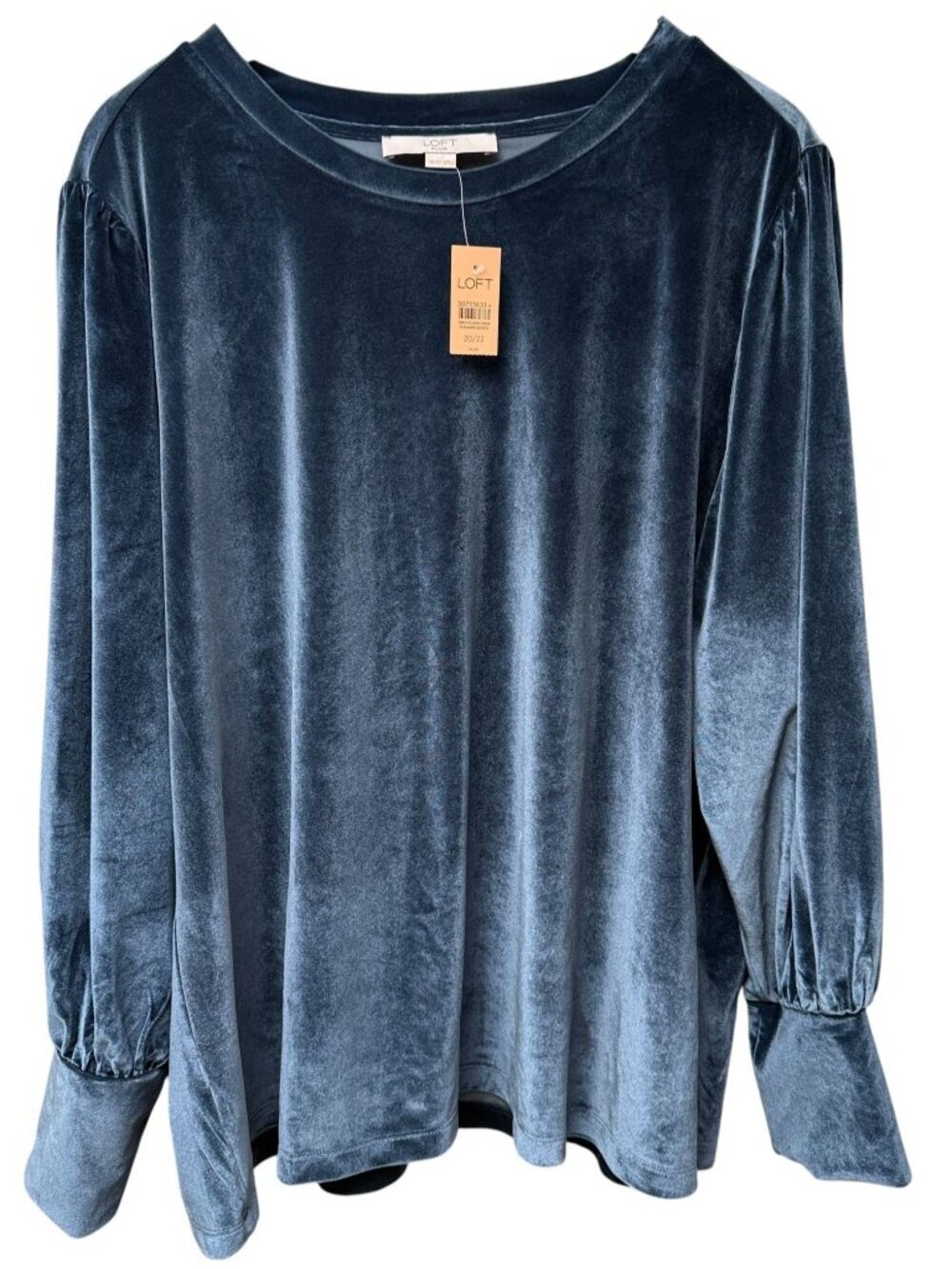 LOFT Velvet Top Plus Size 20/22 Blue Stretch Balloon Long Sleeve Pullover NWT